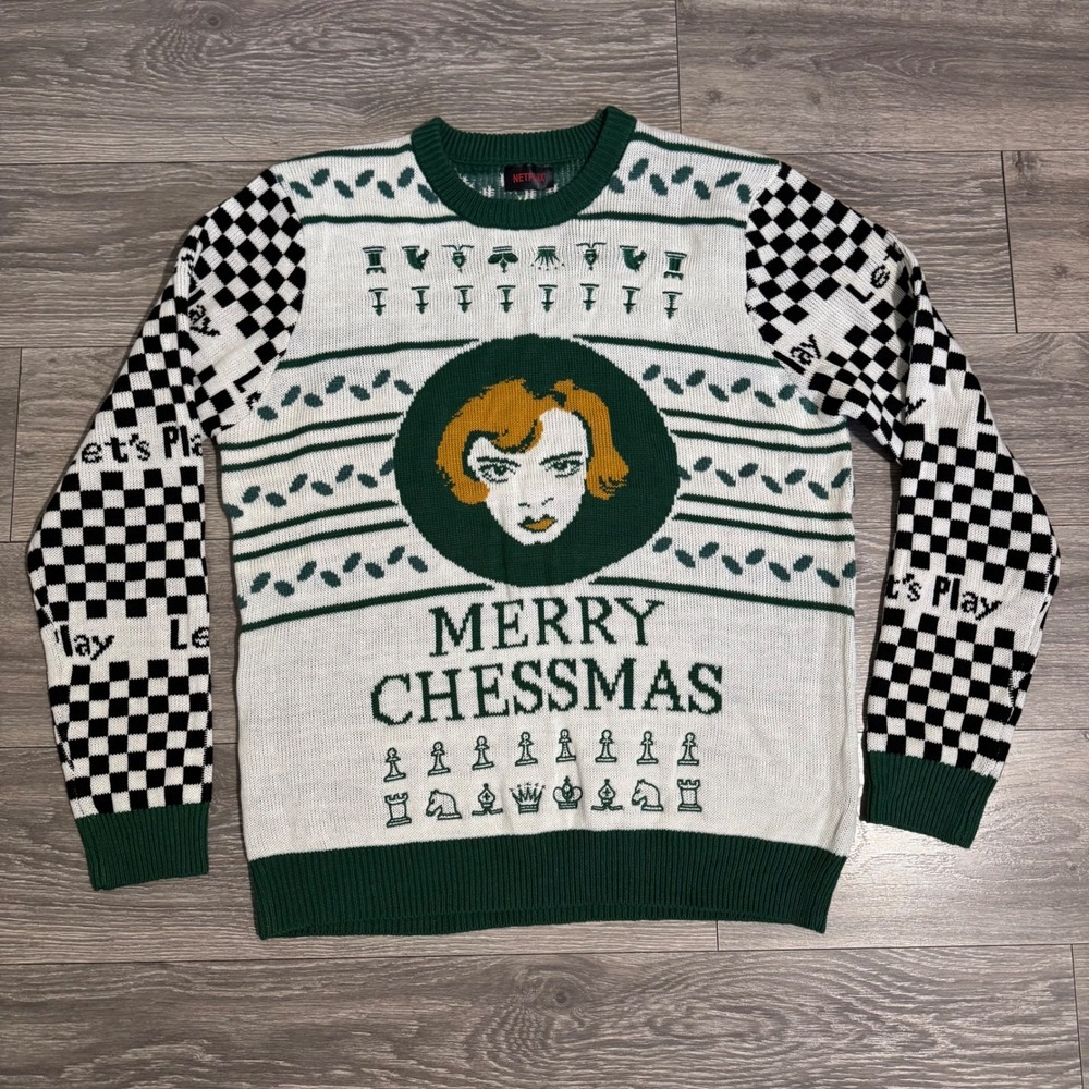 Netflix The Queens Gambit Merry‎ Chessmas Christmas Sweater Men 2XL Embroidered